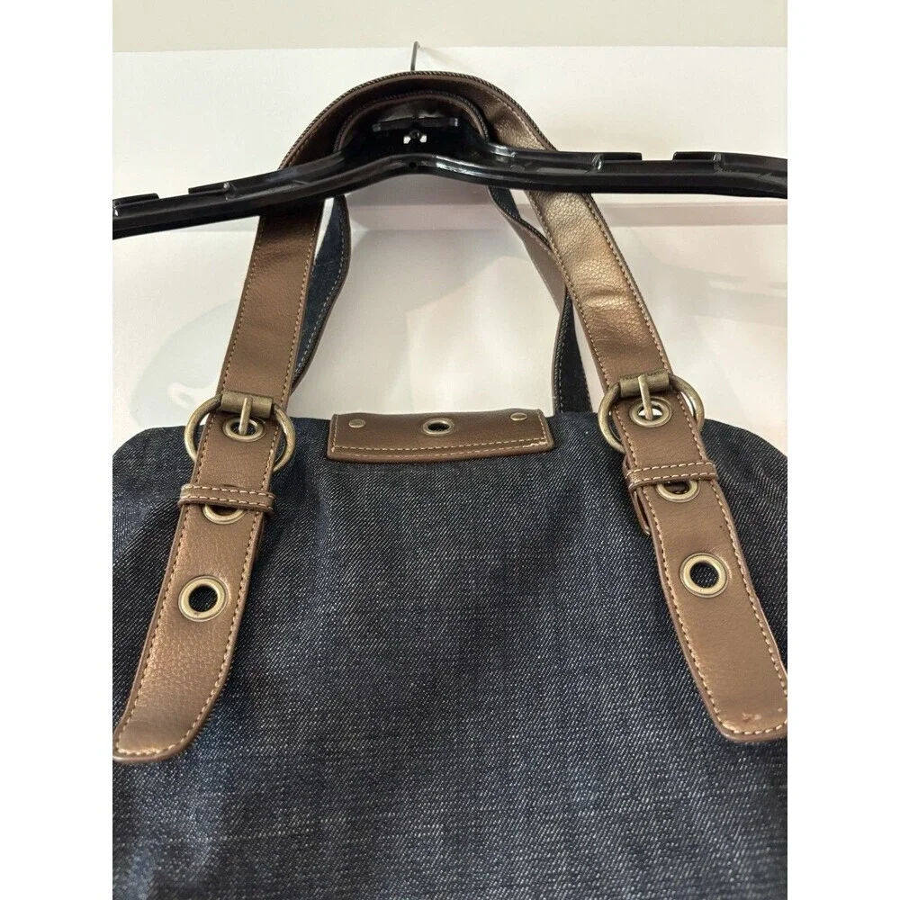 Franco Sarto Denim Blue & Brown Metallic Grommet Studded Y2K Satchel Tote Purse